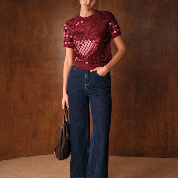 Red Casual Women's Premium Versatile Sequin Embellished Short Sleeve Knit Top - Picture 3 of 6